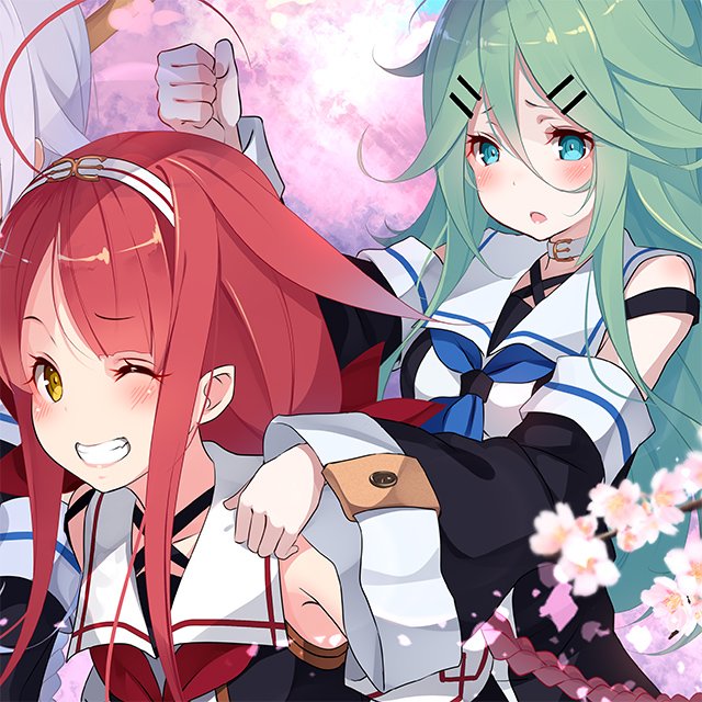 3girls ahoge aqua_eyes aqua_hair artist_request bangs bare_shoulders black_dress braid clenched_hand clenched_teeth detached_sleeves dress grin hair_between_eyes hair_ornament hairclip kantai_collection kawakaze_(kantai_collection) kujou_ichiso leaning_forward lips long_hair looking_at_another multiple_girls one_eye_closed parted_bangs redhead remodel_(kantai_collection) silver_hair smile teeth twin_braids umikaze_(kantai_collection) upper_body yamakaze_(kantai_collection) yellow_eyes
