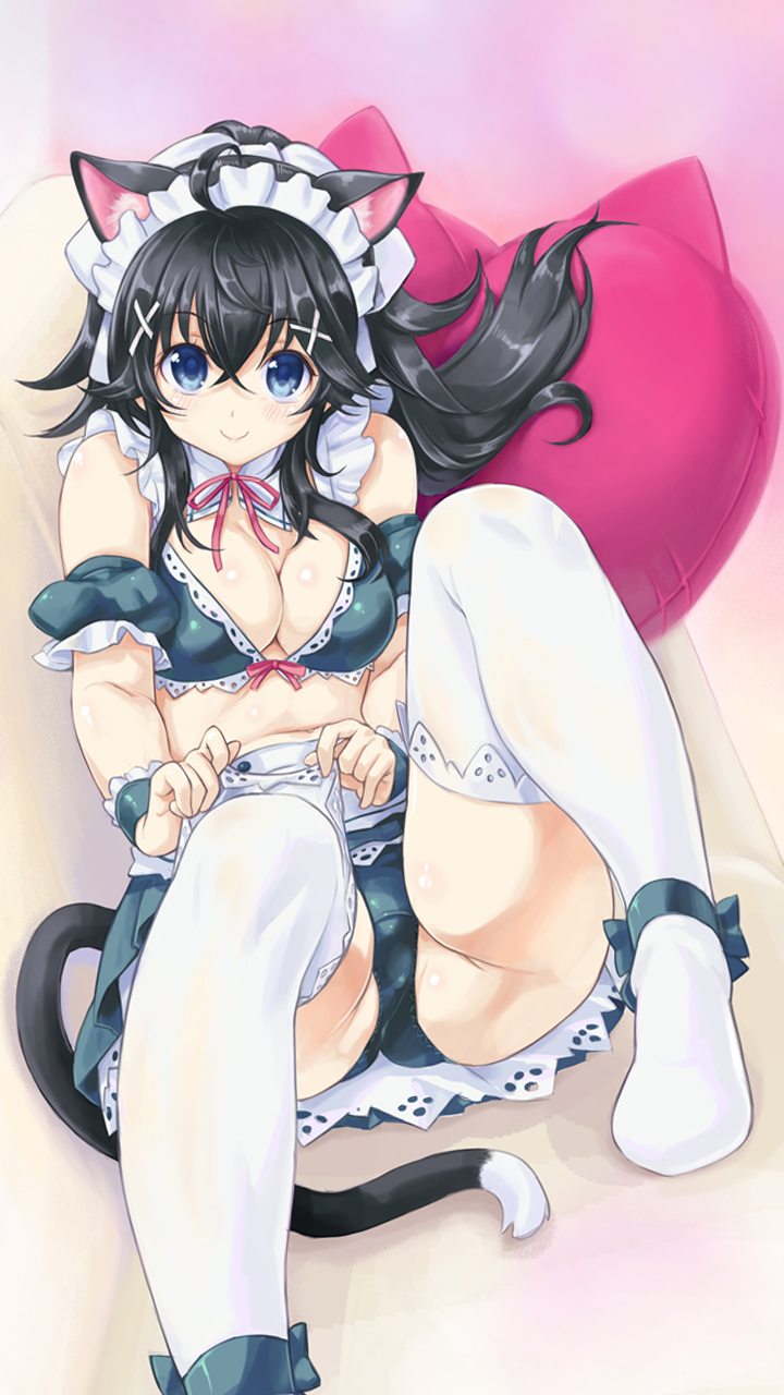 1girl adjusting_clothes adjusting_legwear ahoge animal_ears ankle_ribbon ass bangs bare_shoulders black_hair black_shoes blue_eyes blush breasts cat_ears cat_tail closed_mouth couch detached_collar detached_sleeves frills full_body hair_ornament heart heart_pillow highres kiyama_satoshi knees_up lace lace-trimmed_thighhighs leaning_back leg_up long_hair looking_at_viewer maid_bikini maid_headdress midriff miniskirt multicolored_background neck_ribbon netoge_no_yome_wa_onna_no_ko_janai_to_omotta? no_shoes on_couch panties pillow red_ribbon ribbon shoes shoes_removed sitting skirt smile solo tail tamaki_ako thigh-highs underwear upskirt white_legwear x_hair_ornament