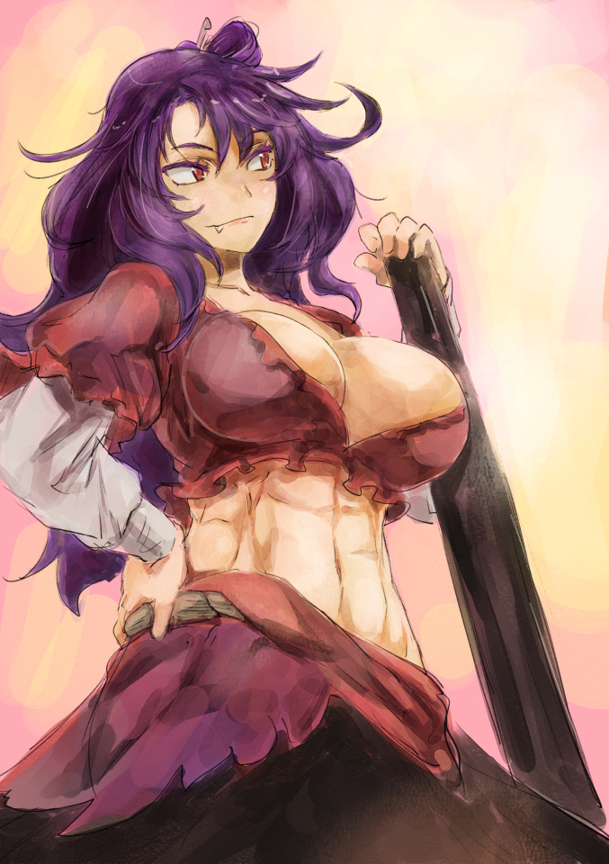 1girl abs adapted_costume alternate_hair_length alternate_hairstyle breasts crop_top fang hair_ornament hair_stick hand_on_hip large_breasts long_hair onbashira purple_hair red_eyes skirt smile solo touhou yasaka_kanako yohane