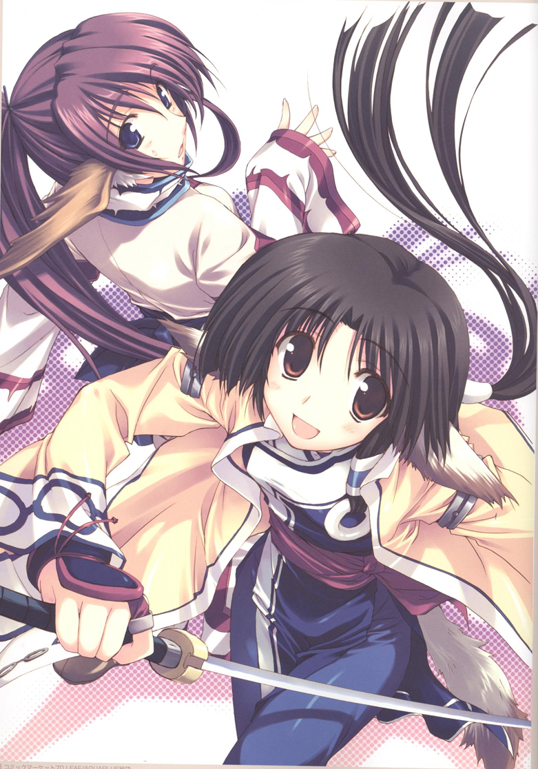 2girls :d :o age_difference amazuyu_tatsuki animal_ears arm_guards black_hair blue_eyes blush bow breasts brown_eyes cosplay costume_switch dog_ears dog_tail eruruw floating_hair gradient hair_ornament hair_tubes halftone happy head_wings high_ponytail holding holding_weapon japanese_clothes long_hair long_sleeves looking_at_viewer looking_back low_ponytail multiple_girls official_art open_clothes open_mouth ponytail purple_hair sash scan sidelocks sleeves_past_wrists small_breasts smile sweatdrop sword tabard tail touka_(utawareru_mono) turtleneck utawareru_mono weapon