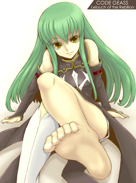1girl asymmetrical_clothes bad_id barefoot boots c.c. code_geass feet gradient gradient_background kannagi_kaname single_shoe single_thighhigh soles solo thigh-highs thigh_boots toe_scrunch toes