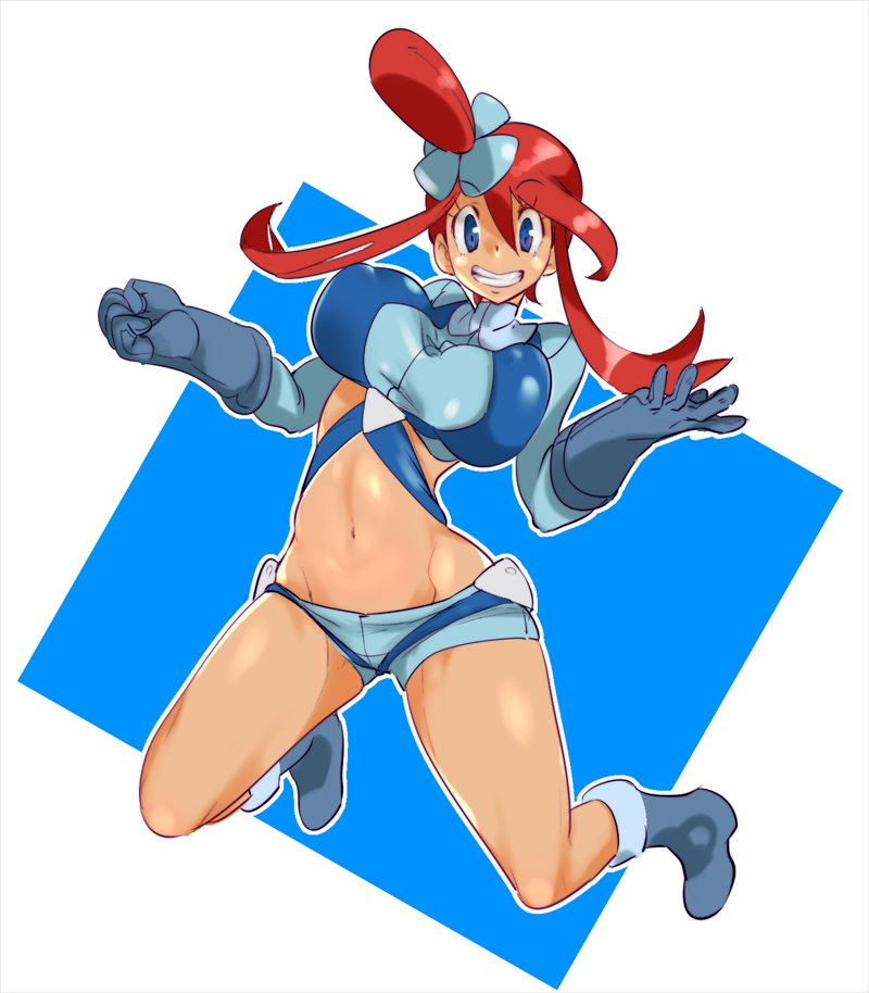 1girl blue_eyes bouncing_breasts breasts full_body fuuro_(pokemon) gloves gym_leader hair_ornament jumping large_breasts long_hair midriff navel pokemon pokemon_(game) pokemon_bw redhead shoes simple_background smile solo zaitsu