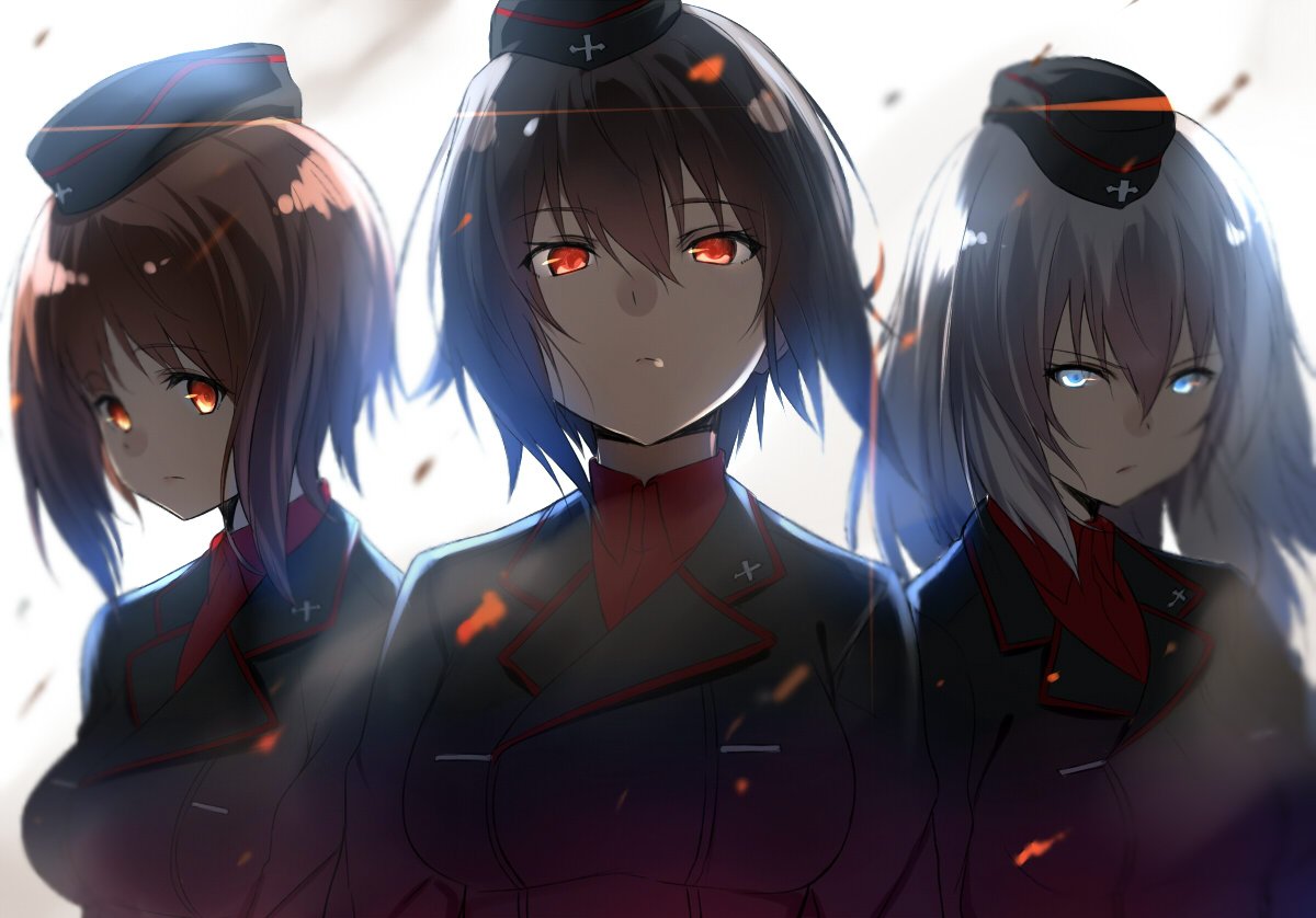 3girls backlighting bangs blue_eyes blurry breasts brown_hair collared_shirt commentary depth_of_field double-breasted expressionless eyebrows eyebrows_visible_through_hair garrison_cap girls_und_panzer hat iron_cross isshiki_(ffmania7) itsumi_erika light light_frown looking_at_viewer medium_breasts military military_uniform multiple_girls nishizumi_maho nishizumi_miho red_eyes red_shirt shirt short_hair silver_hair uniform upper_body