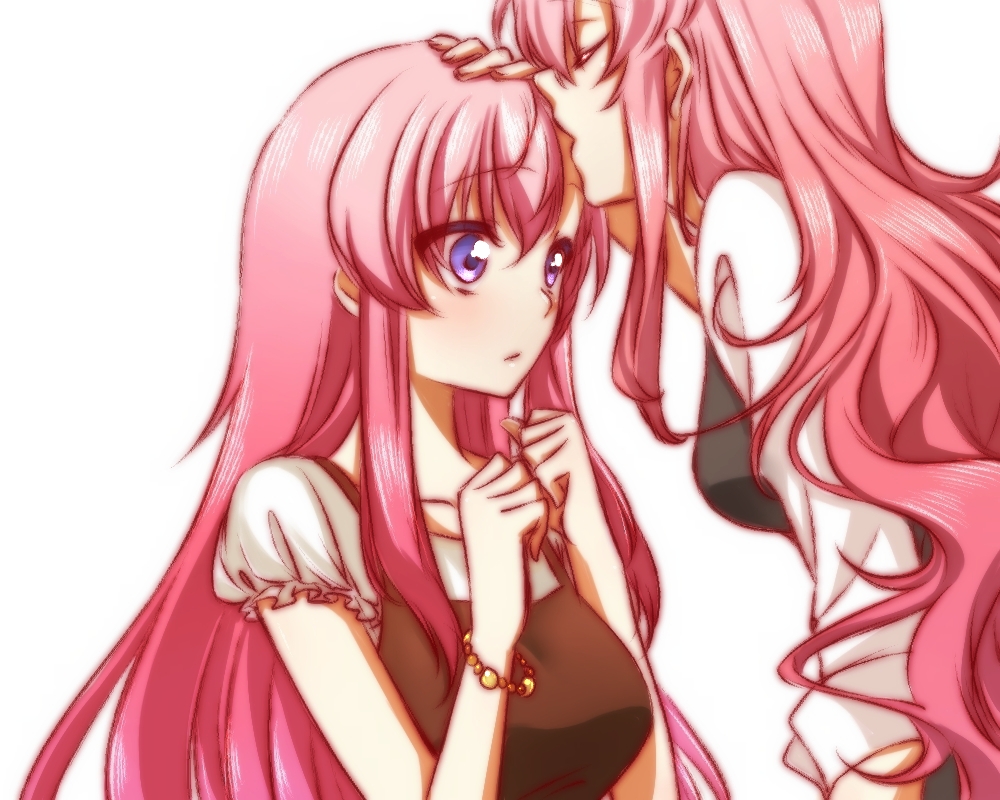 2girls blue_eyes blush breasts closed_eyes forehead forehead_kiss gundam gundam_seed gundam_seed_destiny kiss lacus_clyne long_hair meer_campbell morihaw multiple_girls pink_hair yuri