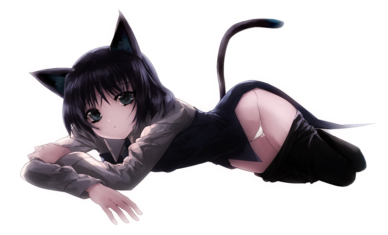 bad_id black_hair black_legwear green_eyes lowleg lowleg_panties lying panties pantyhose pantyhose_pull repair sanya_v_litvyak short_hair simple_background strike_witches tail underwear white_panties