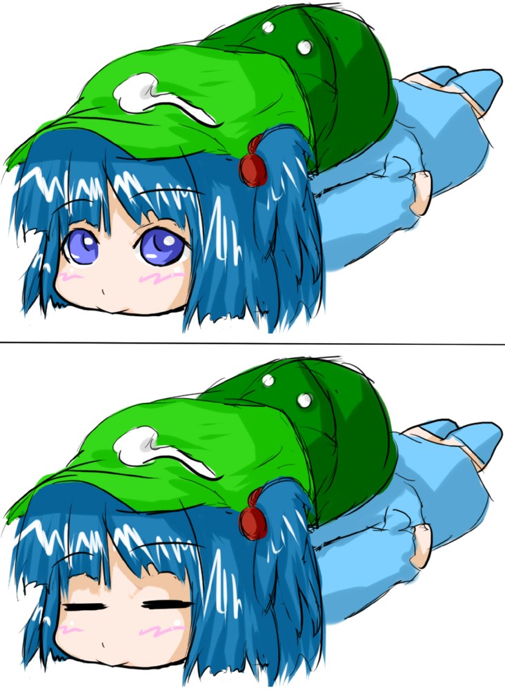 :&gt; backpack bag blue_hair chibi hat kawashiro_nitori lying on_stomach short_hair sketch touhou