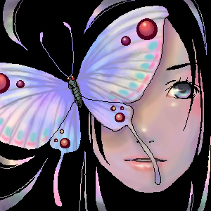 black_hair blue_eyes butterfly close-up lips lowres oekaki solo