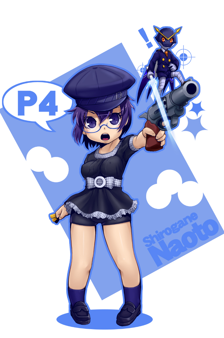 blue_hair bullet cabbie_hat glasses gun hat kentaro_taruneko mkpower persona persona_4 shirogane_naoto short_hair taru_neko weapon