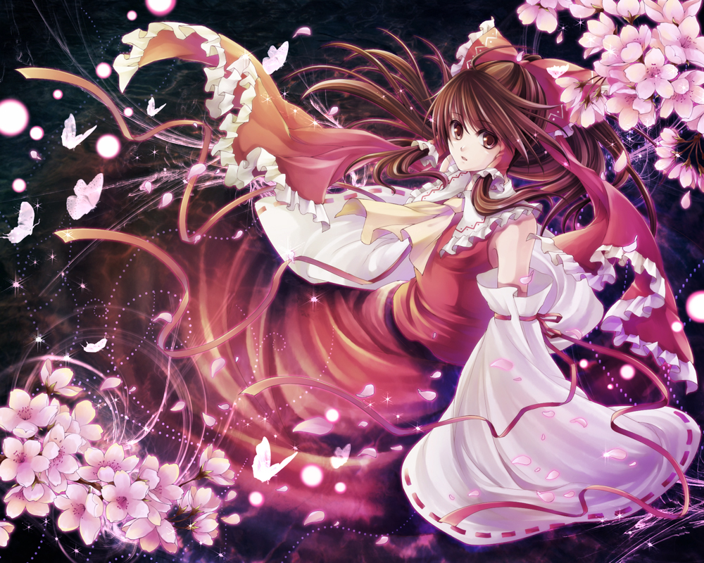 bad_id bow brown_eyes brown_hair butterfly cherry_blossoms detached_sleeves flower frills hagiwara_rin hair_bow hakurei_reimu long_hair looking_at_viewer touhou wide_sleeves