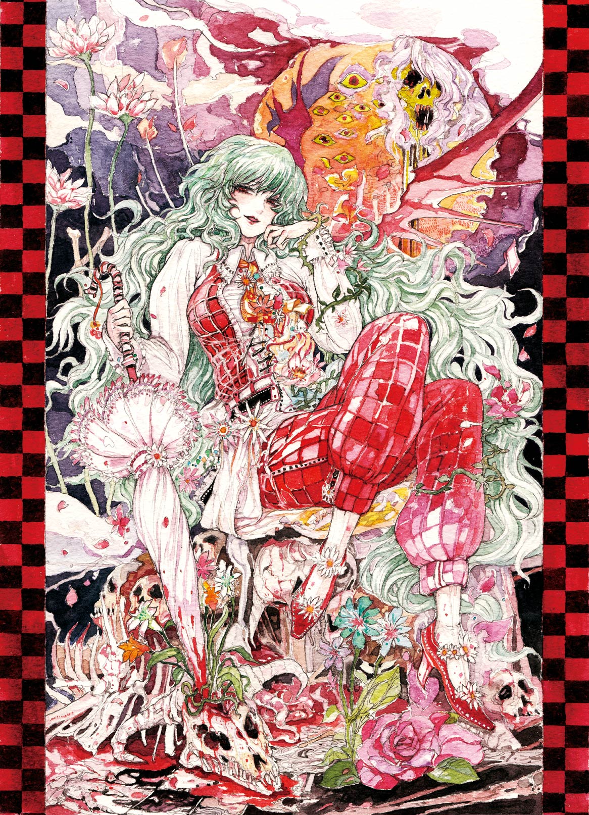 blood breasts chihiro_(kemonomichi) closed_umbrella crossed_legs flower green_hair high_heels highres kazami_yuuka kazami_yuuka_(pc-98) large_breasts lipstick long_hair parasol plaid_pants plaid_vest red_eyes red_lipstick shoes sitting skull touhou touhou_(pc-98) umbrella