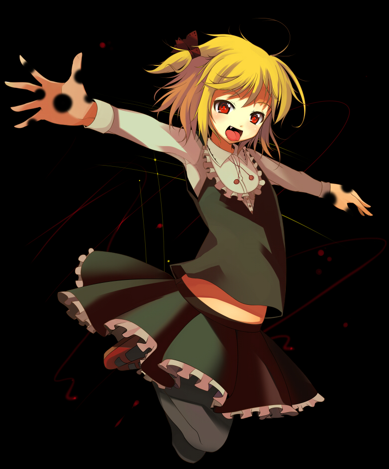 :p blonde_hair darkness fang hair_ribbon ippongui jumping mary_janes outstretched_arms pantyhose red_eyes ribbon rumia shoes short_hair spread_arms tongue touhou