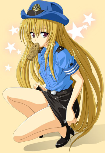 food golden_darkness hat high_heels konjiki_no_yami long_hair lowres mouth_hold panties police police_uniform red_eyes shoes skirt taiyaki to_love-ru toloveru underwear uniform wagashi white_panties