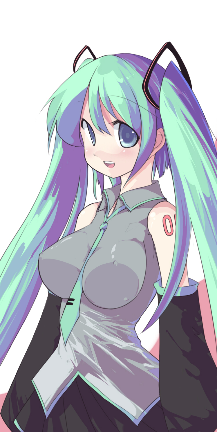aqua_hair blue_hair breasts detached_sleeves erect_nipples hatsune_miku highres impossible_clothes impossible_shirt large_breasts long_hair necktie saiste shirt solo twintails vocaloid