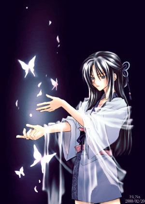 black_hair blue_eyes butterfly glow glowing hi_na japanese_clothes long_hair lowres shawl solo