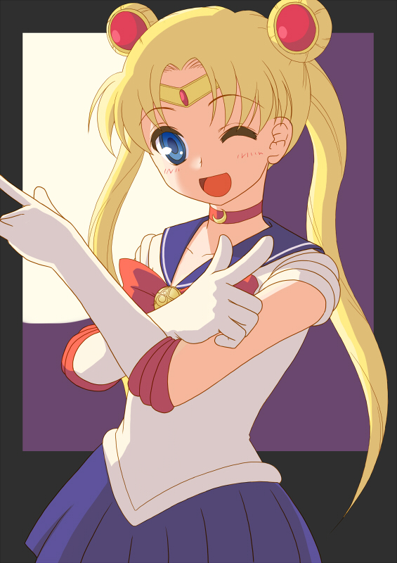 \m/ bishoujo_senshi_sailor_moon blonde_hair blue_eyes double_bun elbow_gloves gloves magical_girl moon nonta open_mouth sailor_moon solo tiara tsuki_ni_kawatte_oshioki_yo tsukino_usagi twintails wink