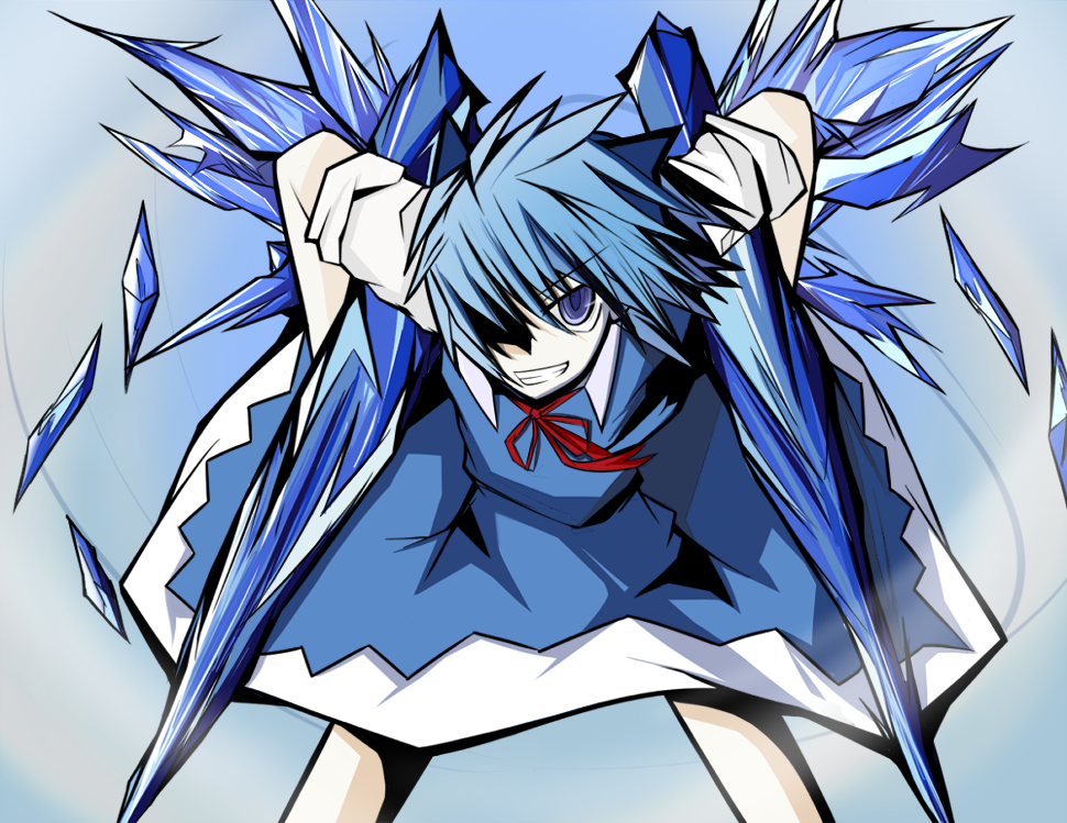 blue_eyes blue_hair bow cirno erua f91_gundam grin gundam gundam_f91 hair_bow hair_over_one_eye hair_ribbon ice parody ribbon smile solo touhou