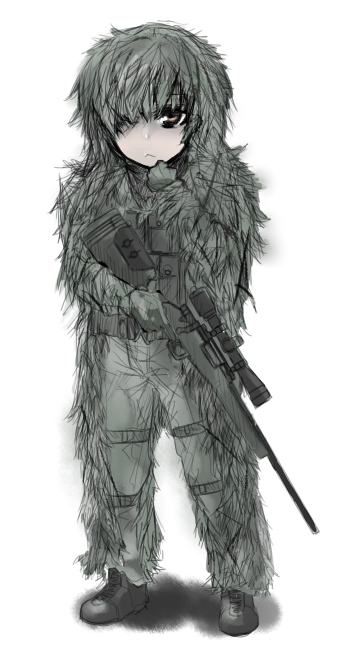 :&lt; boots call_of_duty call_of_duty_4 camouflage ghillie_suit gun hand_to_mouth m40a3 m700 military military_uniform monochrome operator remington_m700 rifle sigama sniper sniper_rifle solo uniform weapon