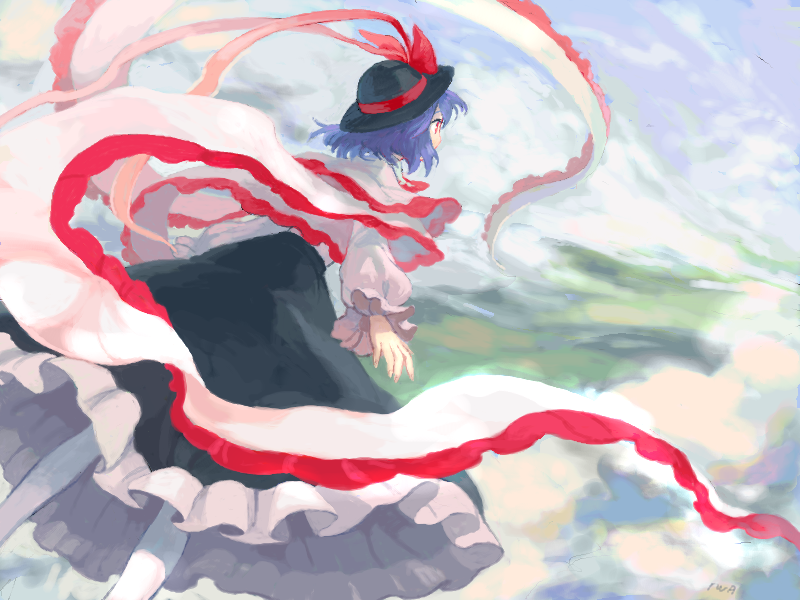 cloud clouds flying frills hat iwamoto_james long_skirt nagae_iku red_eyes scenery skirt sky touhou