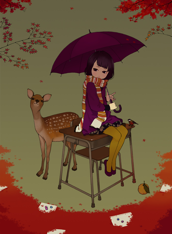 beads bird chair coat deer food fruit ichikawa leaf leaves orange original paper scarf school_desk sitting umbrella