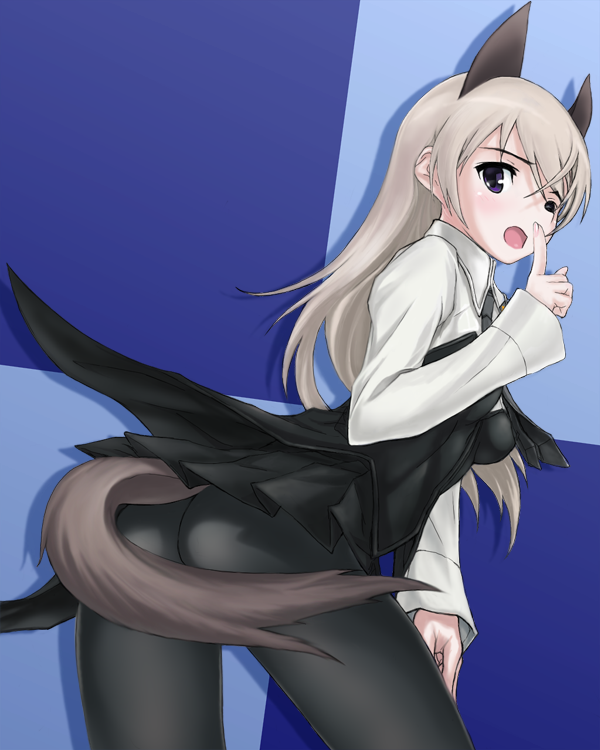 ass black_legwear black_pantyhose cosplay eila_ilmatar_juutilainen long_hair pantyhose sanya_v_litvyak sanya_v_litvyak_(cosplay) shikkaku silver_hair solo strike_witches tail