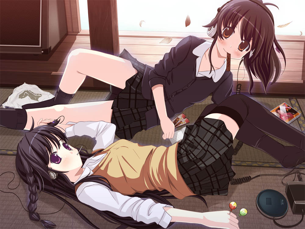 bag braid brown_eyes brown_hair candy cd cd_player chocolate digital_media_player earphones happy headphones kazumasa leaf leaves lollipop long_hair lying mouth_hold mp3_player multiple_girls music original plaid ponytail purple_eyes purple_hair school_uniform skirt smile socks sweater_vest sweets tartan tatami thigh-highs thighhighs vest violet_eyes zettai_ryouiki