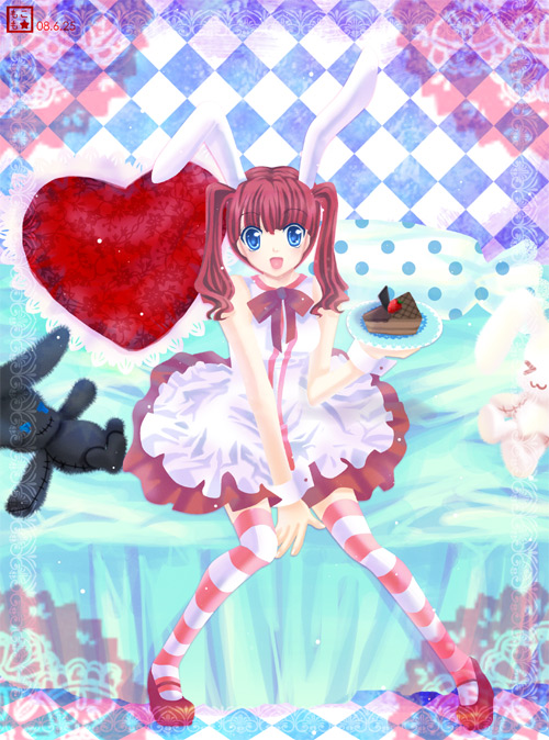 bad_id blue_eyes bunny_ears cake dress food heart momoko_(momoko14) original pastry rabbit_ears red_hair redhead striped striped_legwear striped_thighhighs stuffed_animal stuffed_toy thigh-highs thighhighs twintails