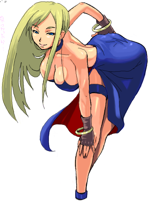 blue_eyes bonne_jenet bracelet breasts cleavage down_blouse dress fatal_fury fingerless_gloves garou gloves hanging_breasts jewelry king_of_fighters large_breasts long_hair mark_of_the_wolves naughty_face pirate smile snk translation_request