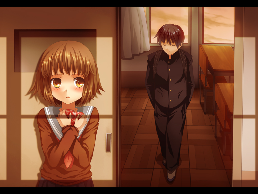 blush brown_eyes brown_hair classroom door heart lacosoregashi original school_uniform short_hair valentine