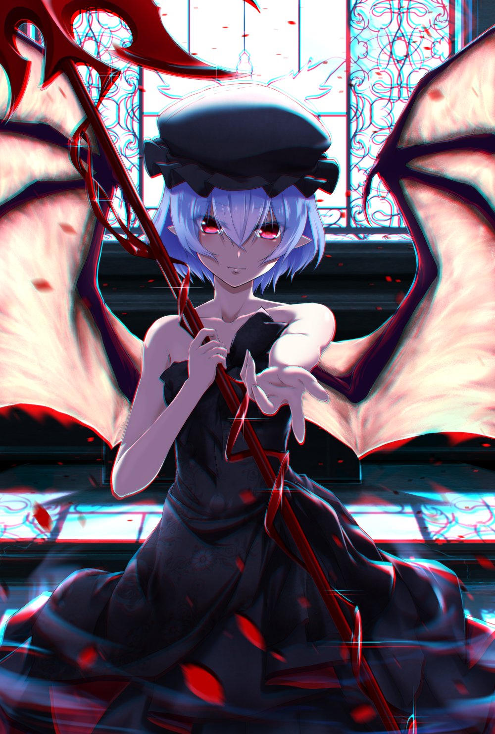 1girl alternate_costume aono_meri bare_shoulders bat_wings black_dress blue_hair chromatic_aberration closed_mouth collarbone dress expressionless floral_print hair_between_eyes hat highres indoors looking_at_viewer mob_cap petals pointy_ears reaching_out red_eyes remilia_scarlet rose_petals solo spear_the_gungnir touhou window wings