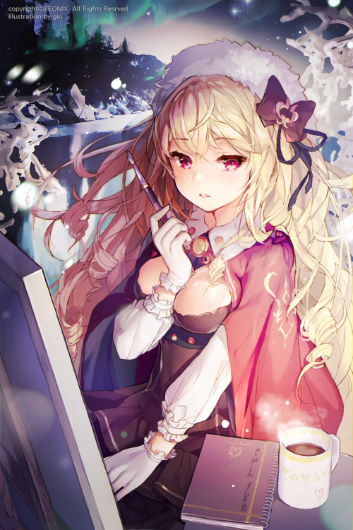 1girl aurora bow breasts cape cleavage cup dress easel fur_hat gio_(maroon0924) gloves hair_bow hair_ornament hat long_hair mug notebook paintbrush red_eyes snow solo sword_girls white_gloves winter