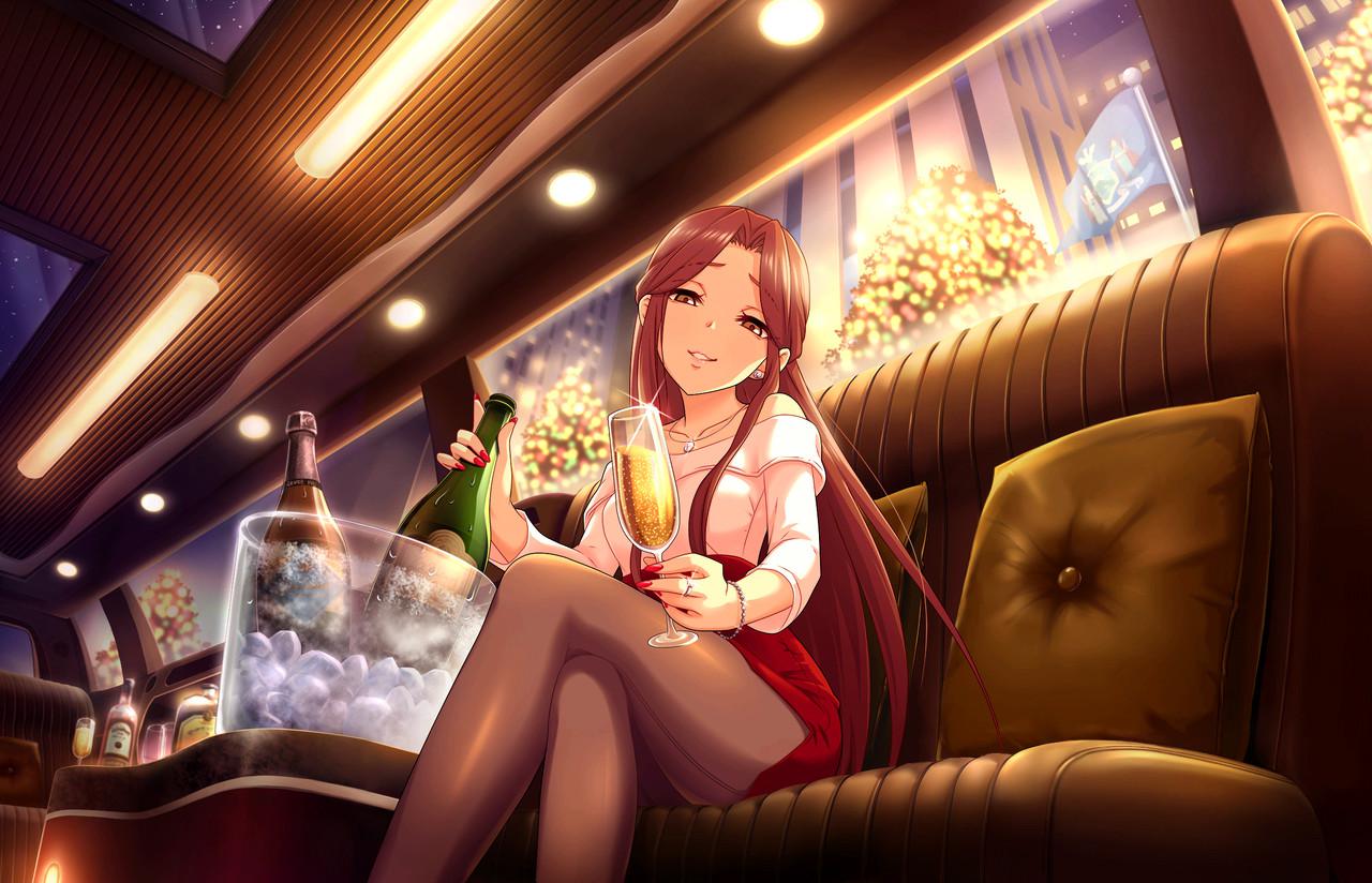 1girl alcohol artist_request brown_eyes brown_hair champagne cup drinking_glass earrings idolmaster idolmaster_cinderella_girls idolmaster_cinderella_girls_starlight_stage jewelry jpeg_artifacts legs_crossed long_hair nail_polish necklace official_art pantyhose red_skirt ring skirt solo wine_glass zaizen_tokiko