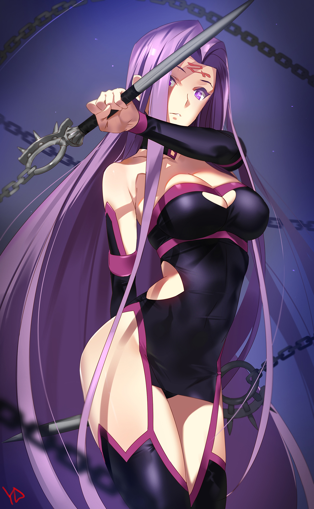 1girl arm_behind_back bare_shoulders black_legwear breasts chains cleavage covered_navel detached_sleeves fate/grand_order fate/stay_night fate_(series) highres holding holding_weapon large_breasts long_hair looking_at_viewer purple_hair revealing_clothes rider solo square_pupils thigh-highs very_long_hair violet_eyes weapon yang-do