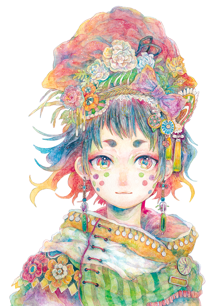androgynous bangs beads black_hair blue_eyes blue_flower bow closed_mouth coin_(ornament) diamond_(shape) earrings facepaint flower frills gem green_eyes hair_bow hair_flower hair_ornament headdress jewelry looking_at_viewer midoritaitu multicolored_eyes multicolored_hair original purple_bow purple_flower red_eyes redhead rose short_eyebrows short_hair simple_background smile solo striped tassel traditional_clothes traditional_media upper_body vertical_stripes watercolor_(medium) wavy_hair white_background white_flower yellow_flower