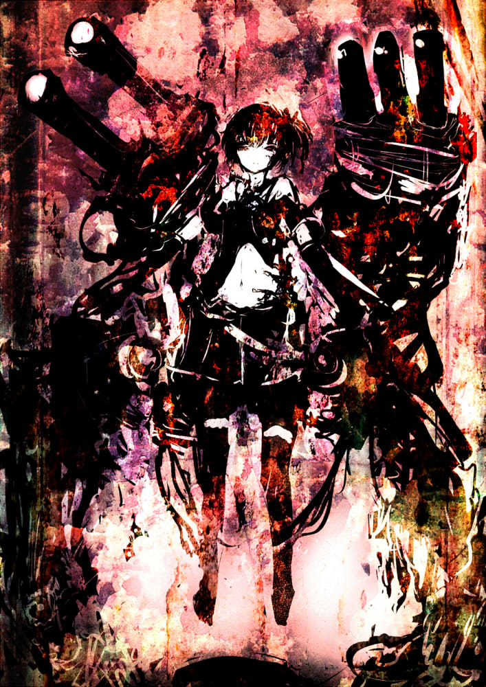 1girl abstract_background assi black_hair bow cable carrying corruption dark_persona faux_traditional_media hair_bow kantai_collection looking_at_viewer mecha mecha_musume mechanical_arm navel no_shoes pink_background red_eyes shinkaisei-kan shiranui_(kantai_collection) side_ponytail solo texture thigh-highs turret zettai_ryouiki