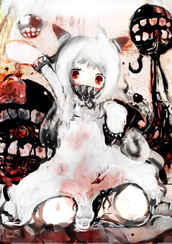 1girl arm_up assi covered_mouth dress faux_traditional_media floating_fortress_(kantai_collection) hook horns kantai_collection knees long_hair mittens northern_ocean_hime red_eyes shinkaisei-kan sitting solo studded_bracelet studded_gloves teeth white_dress white_hair