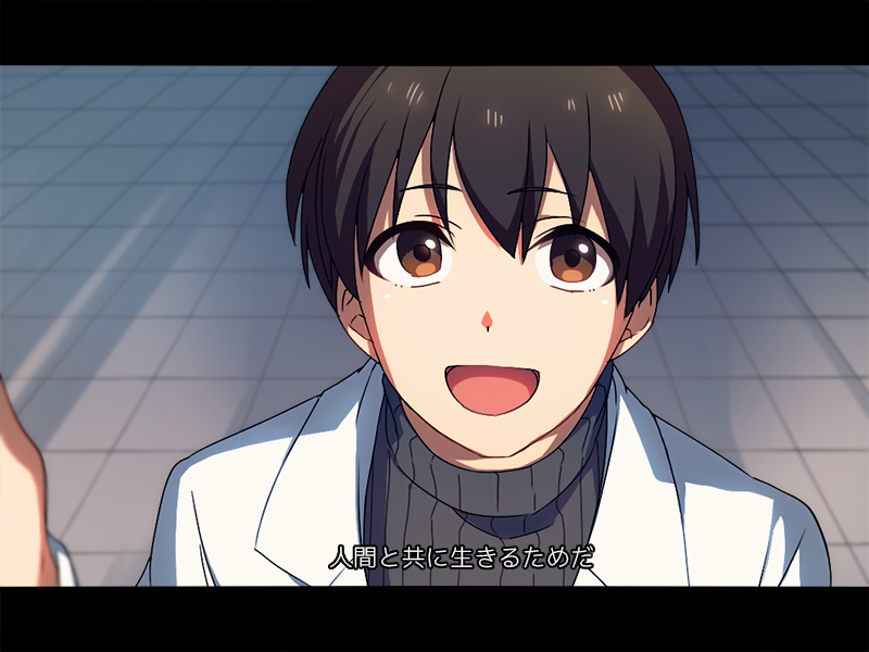 1boy black_hair brown_eyes fake_screenshot fuyumi_jun idolmaster idolmaster_side-m labcoat letterboxed looking_at_viewer looking_up maguro_(ma-glo) male_focus pov smile solo translation_request turtleneck