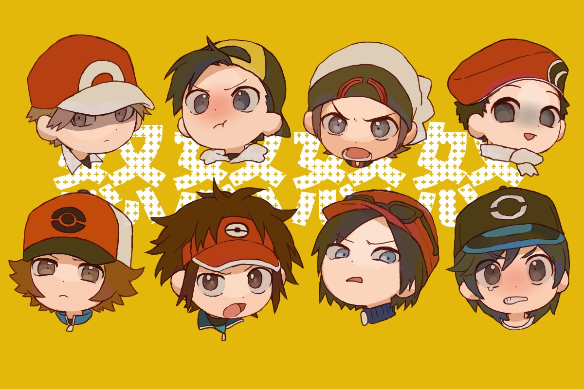 &gt;:t 6+boys :t angry baseball_cap beanie black_hair blank_stare brown_eyes brown_hair calme_(pokemon) gold_(pokemon) grey_eyes grey_eyes hat kouki_(pokemon) kyouhei_(pokemon) looking_at_viewer male_protagonist_(pokemon_sm) multiple_boys open_mouth pokemon pokemon_(game) pokemon_bw pokemon_bw2 pokemon_dppt pokemon_frlg pokemon_hgss pokemon_oras pokemon_sm pokemon_xy pout red_(pokemon) red_(pokemon)_(remake) scarf shaded_face short_hair simple_background sunglasses sunglasses_on_head tearing_up touya_(pokemon) visor_cap yellow_background yo-ten