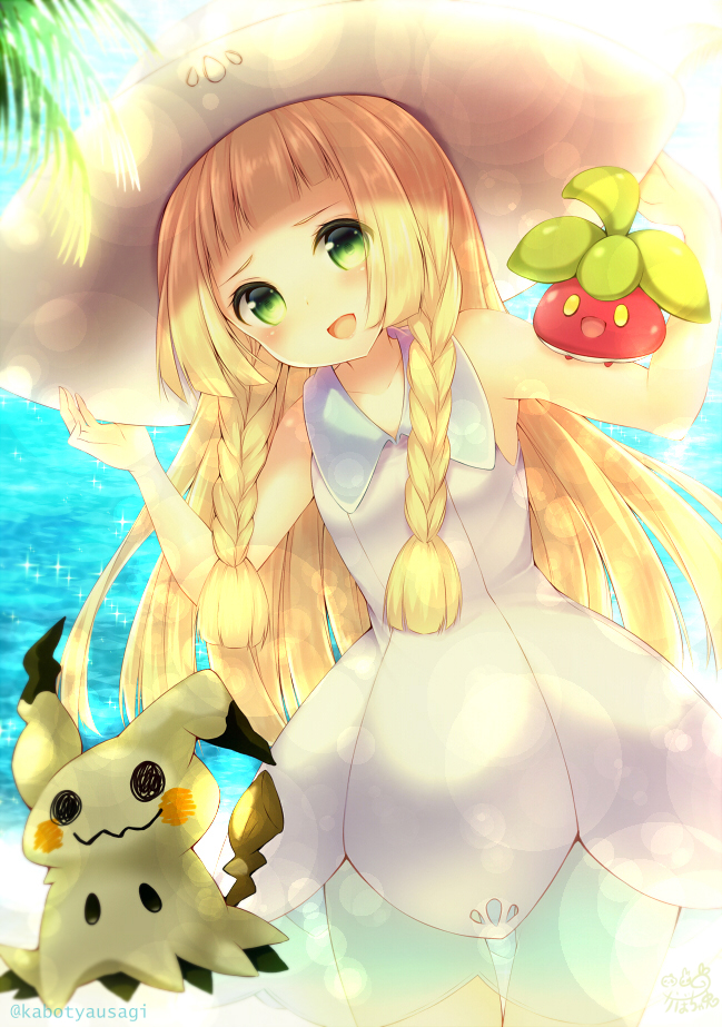 1girl :d bangs bare_arms blonde_hair blunt_bangs blush bounsweet braid collarbone collared_dress dress eyes_visible_through_hair green_eyes hat kabocha_usagi lillie_(pokemon) long_hair looking_at_viewer mimikyu_(pokemon) ocean open_mouth palm_tree pokemon pokemon_(creature) pokemon_(game) pokemon_sm see-through sleeveless sleeveless_dress smile solo sun_hat sundress tree twin_braids twitter_username water white_dress white_hat