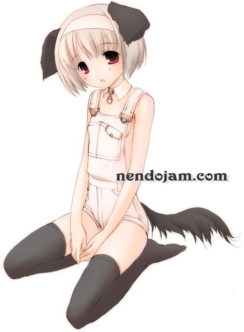 1girl animal_ears black_legwear blush bob_cut breasts choker dog_ears dog_tail feet flat_chest footwear hairband kneeling lugosi_ela naked_overalls open_mouth original overalls red_eyes short_hair sideboob silver_hair small_breasts socks solo tail thigh-highs zettai_ryouiki