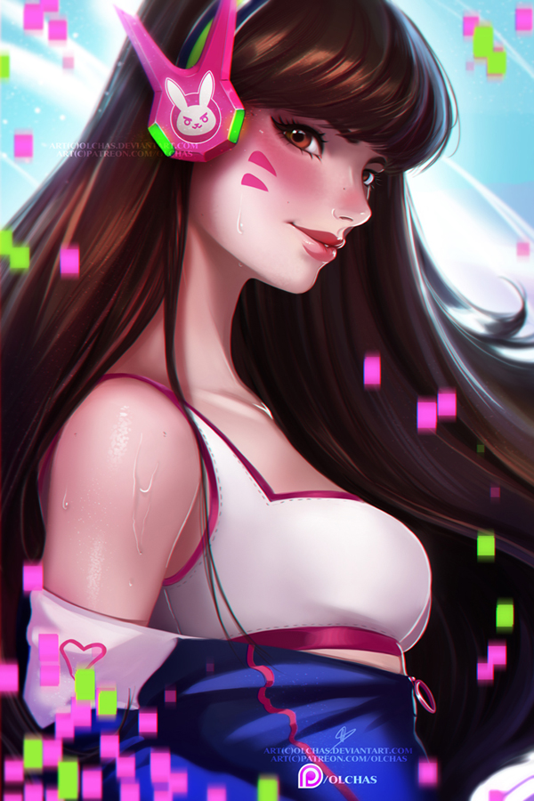 1girl adapted_costume artist_name blue_background blue_jacket bra breasts brown_eyes brown_hair bunny_print casual collarbone d.va_(overwatch) eyelashes facepaint facial_mark from_side headphones heart jacket lips long_hair looking_at_viewer medium_breasts nose off_shoulder olga_solovian overwatch patreon pixels side_glance signature solo sports_bra sweat track_jacket underwear undressing unzipped upper_body watermark web_address whisker_markings white_bra