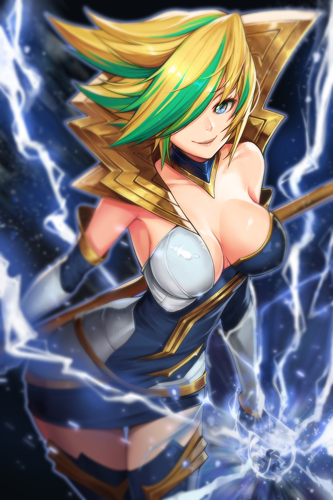 1girl armor bangs bare_shoulders blonde_hair blue_eyes blue_gloves blue_legwear blue_skirt blurry breasts cleavage cowboy_shot depth_of_field detached_collar elbow_gloves electricity eyelashes faulds from_above gloves goomrrat green_hair hair_over_one_eye league_of_legends light_particles lipstick looking_at_viewer luxanna_crownguard makeup microskirt multicolored_hair one_eye_covered parted_lips pencil_skirt pole short_hair skirt smile solo strapless streaked_hair thigh-highs thigh_gap two-tone_hair vambraces