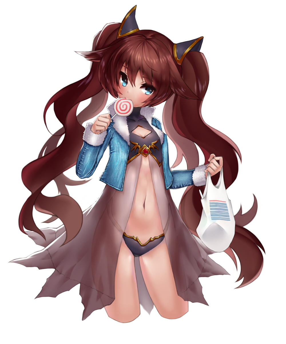 1girl armor bag bangs bikini_armor blue_eyes blue_jacket braid breasts brown_hair candy center_opening collarbone cowboy_shot cropped_jacket denim denim_jacket eating ehart food fur-lined_jacket fur-trimmed_sleeves fur_trim gem grocery_bag hands_up highres holding jacket legs_apart lollipop long_hair long_sleeves long_twintails midriff navel original pink_lips plastic_bag shopping_bag simple_background small_breasts solo stomach turtleneck twin_braids very_long_hair white_background