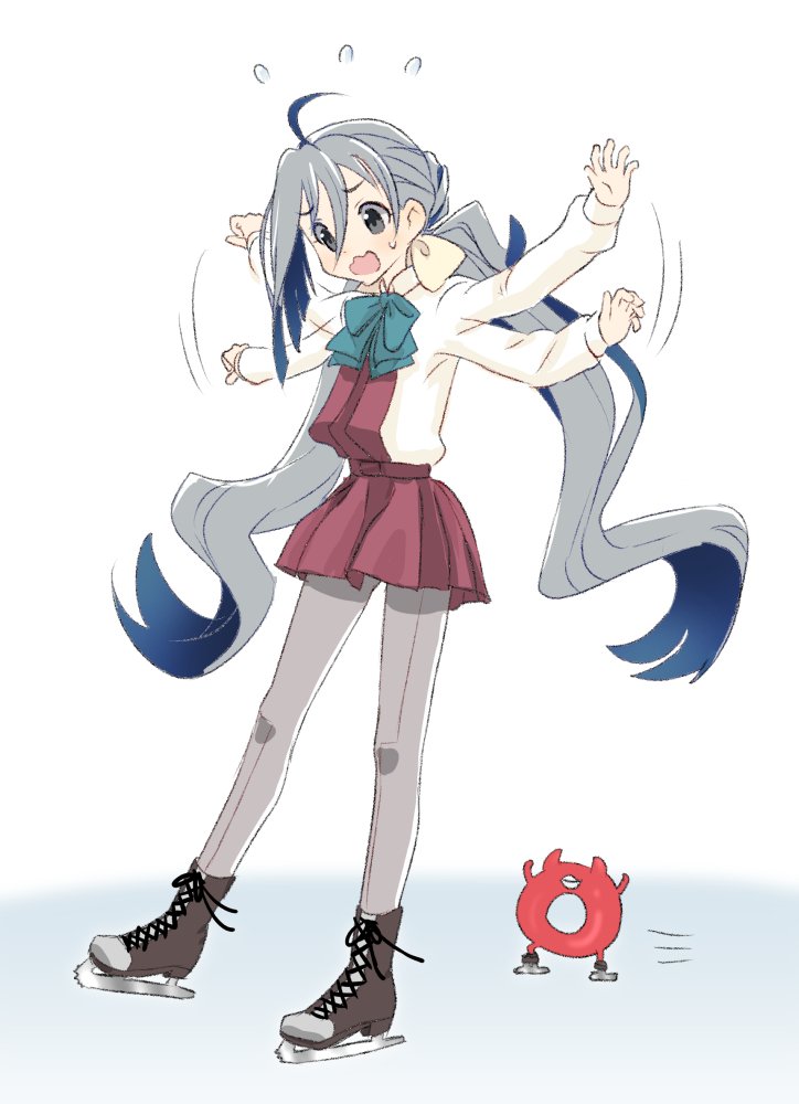 1girl afterimage ahoge blue_hair boots bow bowtie commentary cross-laced_footwear enemy_lifebuoy_(kantai_collection) flailing full_body grey_eyes grey_hair grey_legwear ice_skates ice_skating kantai_collection kiyoshimo_(kantai_collection) kujira_naoto long_hair low_twintails multicolored_hair open_mouth pantyhose simple_background skates skating standing twintails two-tone_hair very_long_hair wavy_mouth white_background