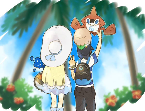 1boy 1girl arm_up backpack bag black_hair blonde_hair cosmog dress duffel_bag from_behind hat kutta lillie_(pokemon) long_hair male_protagonist_(pokemon_sm) palm_tree pokedex pokemon pokemon_(creature) pokemon_(game) pokemon_sm rotom rowlet see-through short_hair sky sun_hat tree v white_dress white_hat z-ring