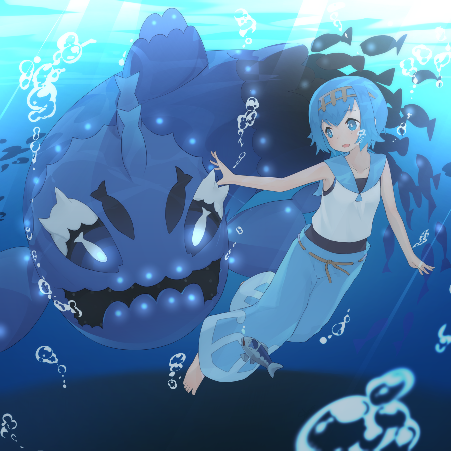 1girl air_bubble blue_eyes blue_hair blush bubble hairband open_mouth pokemon pokemon_(game) pokemon_sm sakurea short_hair sleeveless smile solo suiren_(pokemon) swimming underwater water wishiwashi