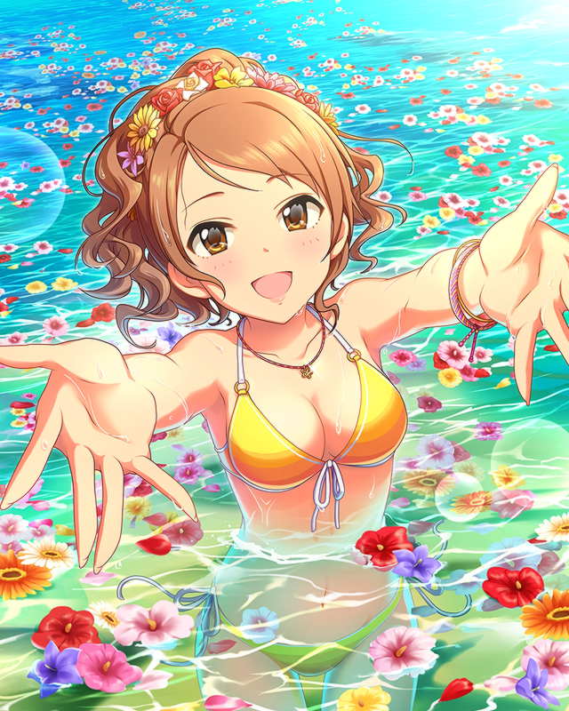 1girl alternate_hairstyle bikini bracelet breasts brown_eyes brown_hair cleavage floating_object flower front-tie_bikini front-tie_top hair_flower hair_ornament head_wreath houjou_karen idolmaster idolmaster_cinderella_girls jewelry necklace official_art open_mouth outstretched_arms partially_submerged side-tie_bikini smile solo swimsuit water yellow_bikini