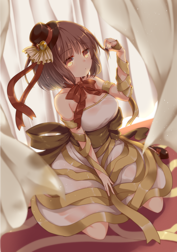 1girl backlighting bare_shoulders between_legs blush breasts brown_eyes brown_hair brown_ribbon cleavage collarbone commentary curtains dress dutch_angle emilion food hair_ribbon hair_tousle hand_between_legs hand_up hat large_breasts looking_at_viewer mini_hat mont_blanc_(food) original parted_lips personification ribbon short_hair sitting solo wariza white_dress yellow_ribbon
