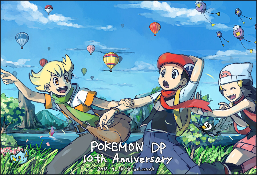 1girl 2boys anniversary arm_behind_head bag beanie beret black_border black_hair blonde_hair blue_eyes blue_hair blue_sky border closed_eyes dated drifloon grass green_scarf hair_ornament hairclip hat hikari_(pokemon) hot_air_balloon jacket jun_(pokemon) kouki_(pokemon) lake looking_at_another messenger_bag mountain multiple_boys orange_eyes pink_scarf pointing pokemon pokemon_(creature) pokemon_(game) pokemon_dppt red_scarf running scarf shinx short_sleeves shoulder_bag sky smile starly terimachi tree twitter_username