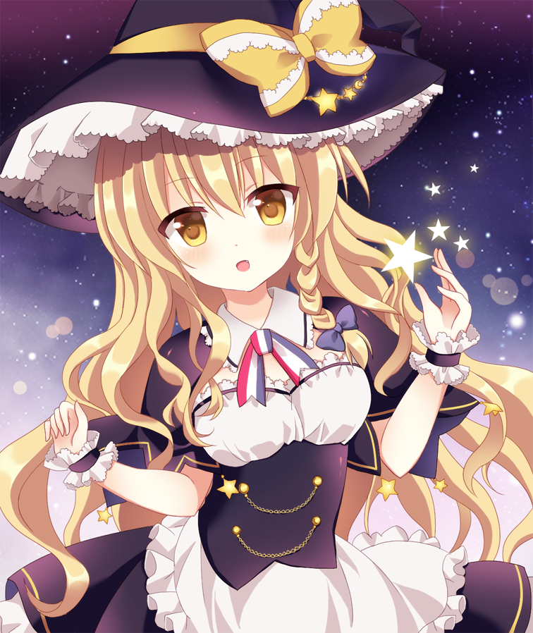 1girl :d apron black_dress blonde_hair blue_bow blush bow braid breasts commentary_request cowboy_shot dress embellished_costume fang hair_bow hat hat_bow kirisame_marisa long_hair looking_at_viewer mayo_(miyusa) medium_breasts neck_ribbon open_mouth ribbon side_braid smile solo star touhou waist_apron witch_hat wrist_cuffs yellow_bow yellow_eyes