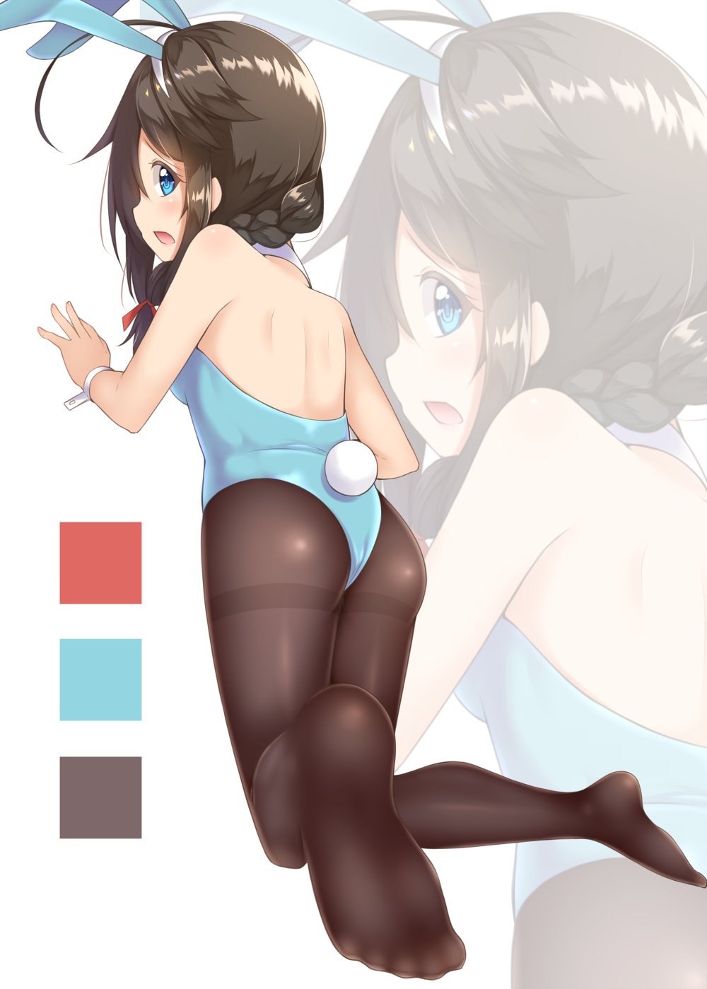 1girl ass back blue_eyes blue_leotard braid brown_hair bunnysuit commentary feet gurande_(g-size) hair_between_eyes hands_up highres kantai_collection kneeling knees_together_feet_apart leotard looking_back no_shoes open_mouth pantyhose red_ribbon remodel_(kantai_collection) ribbon shigure_(kantai_collection) simple_background single_braid soles solo square thighband_pantyhose thighs white_background wrist_cuffs zoom_layer
